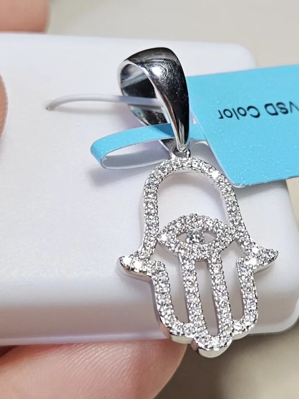 Sterling Silver Hamsa Hand Pendant with Cubic Zirconia - White